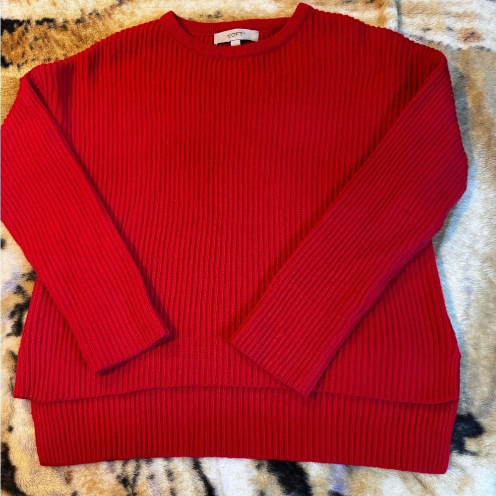 Loft Women’s L Red Burgundy Sweater Lightweight Ribbed Preppy Hi Low Waist Line - Picture 1 of 10